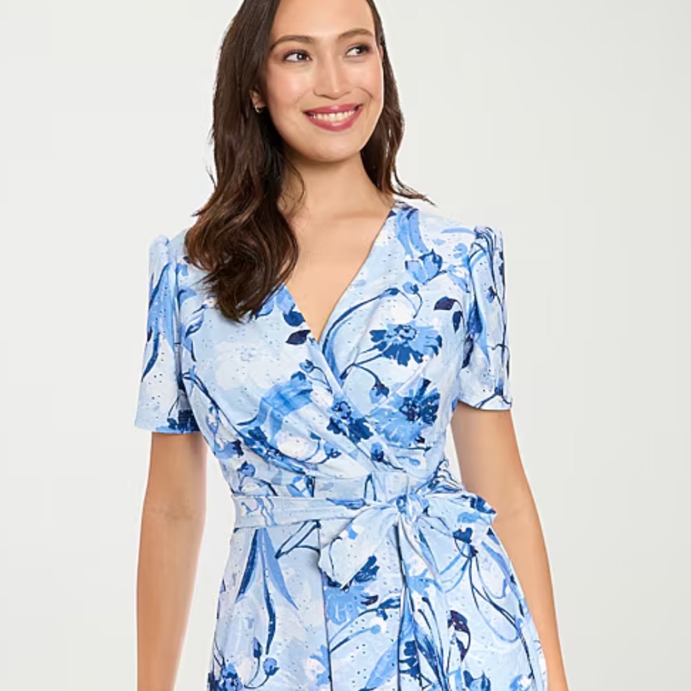 Lindon Style Light Blue Floral Faux Wrap Dress with Tie Waist Sz 8 NWT - Picture 5 of 7